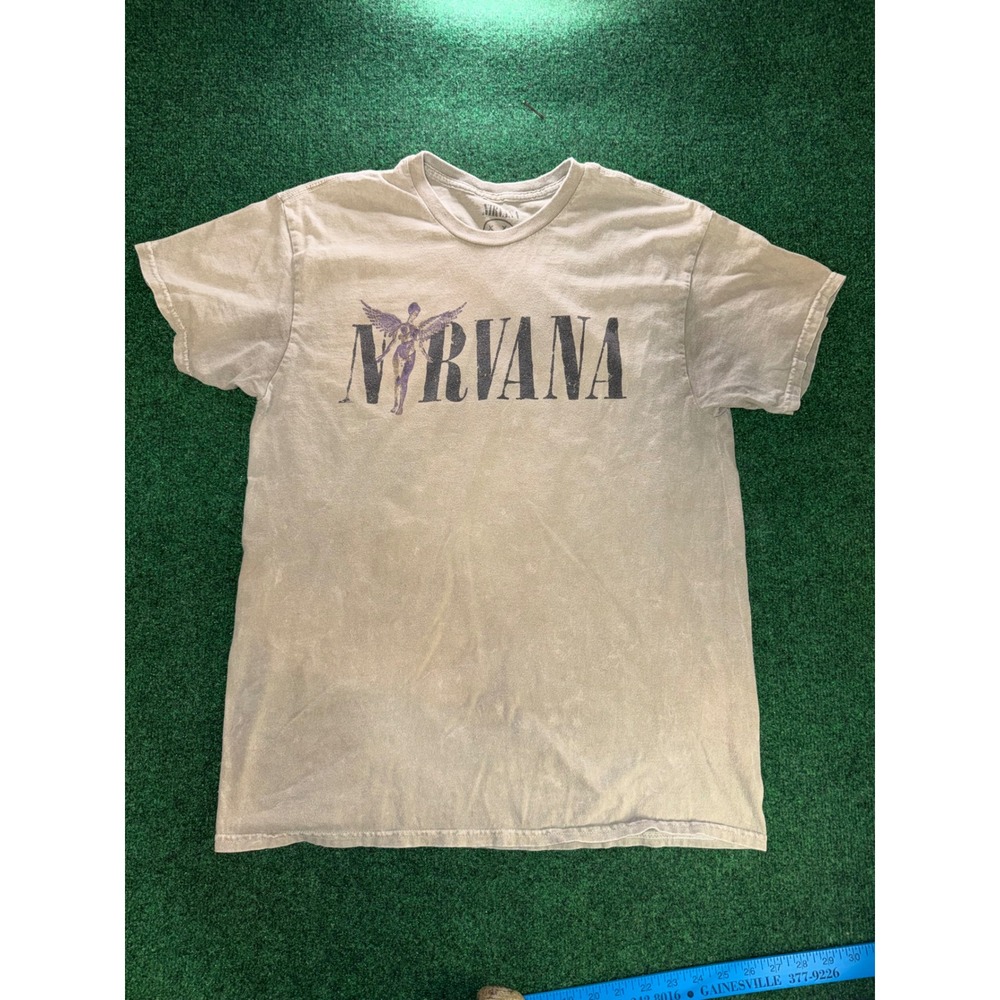 Nirvana In Utero Angel Graphic T-Shirt Grey Acid Wash Mens Large Vintage Style